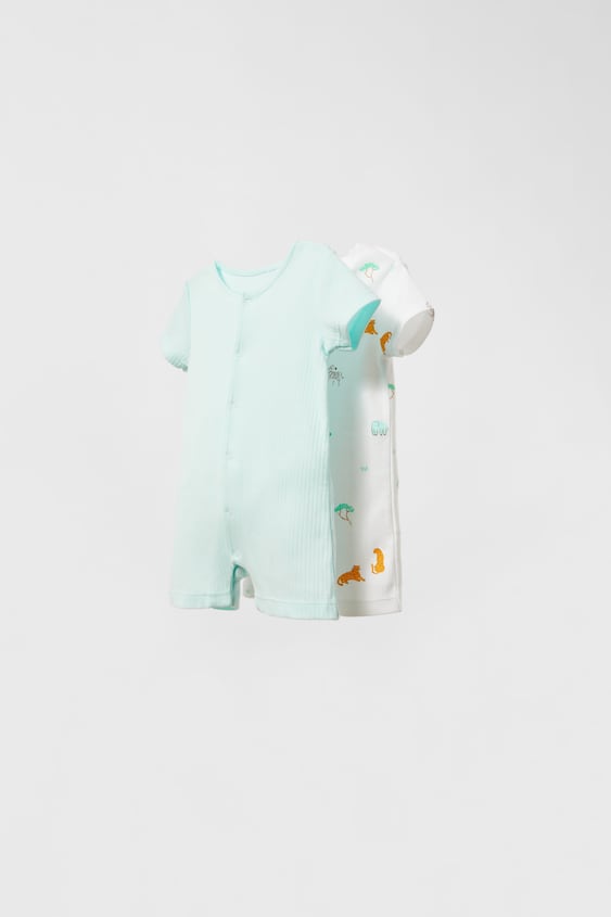 ZARA BABY/ TWO-PACK OF RIBBED JUNGLE SLEEPSUITS