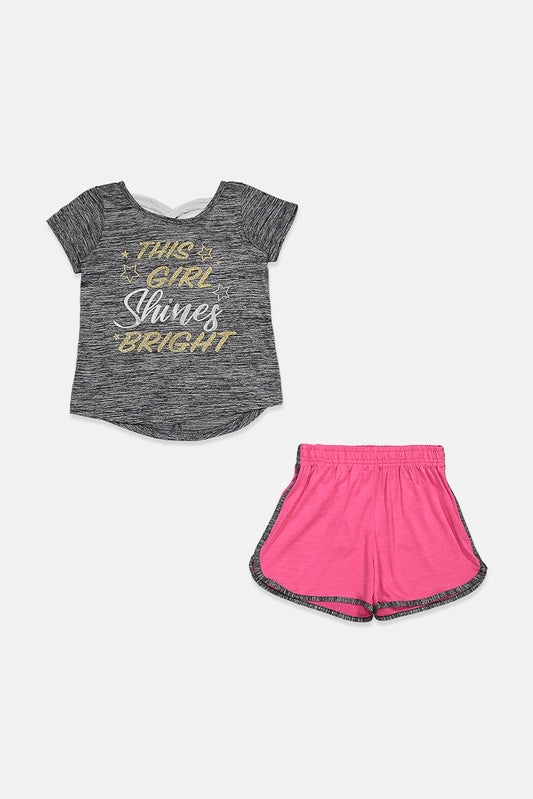 DIVA Kid Girl's Graphic Top With Short, Grey/Pink