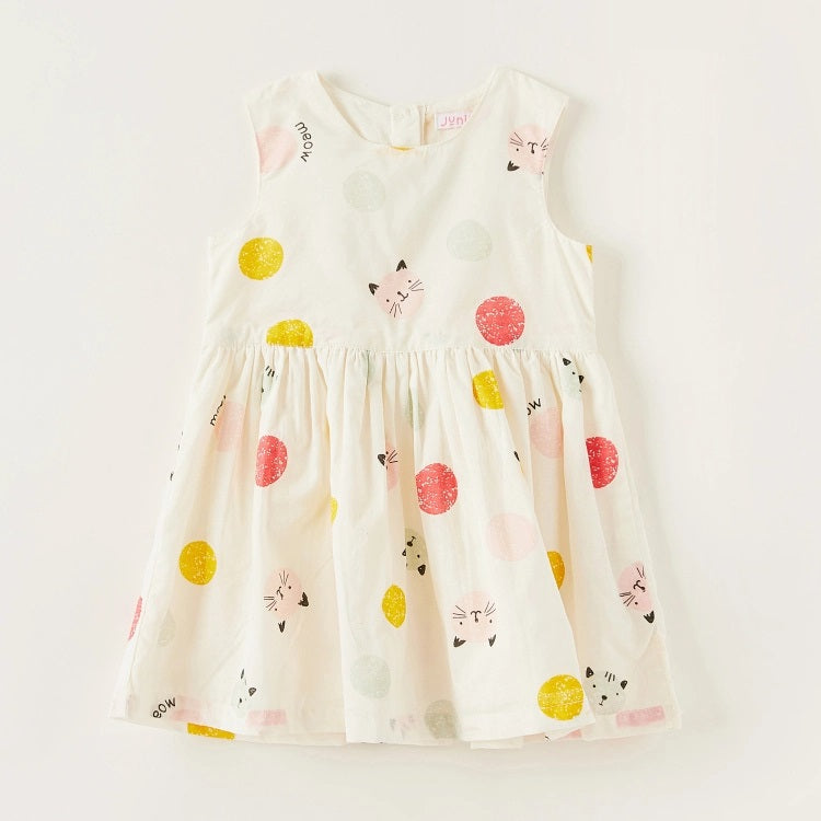 Juniors All-Over Cat Print Sleeveless Dress with Round Neck