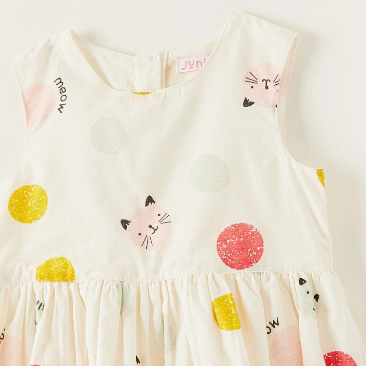 Juniors All-Over Cat Print Sleeveless Dress with Round Neck