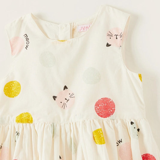 Juniors All-Over Cat Print Sleeveless Dress with Round Neck